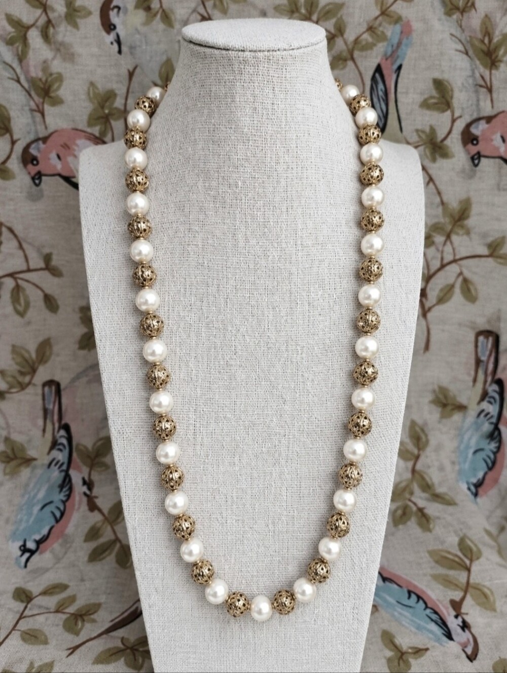 NAPIER Faux Pearl Vintage Gold Tone Filigree Beads Balls Single Strand Necklace